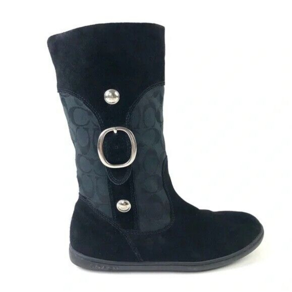 Coach Meyer Signature Logo Black Suede Buckle Detail Flat Winter Snow Boots - Picture 1 of 7